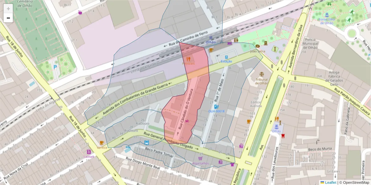Mapa detalhado do código postal 8700-373 com limites, códigos postais vizinhos e agências dos correios