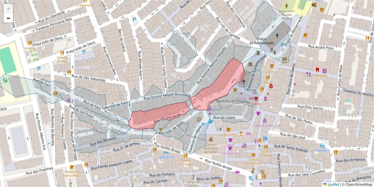 Mapa detalhado do código postal 8700-375 com limites, códigos postais vizinhos e agências dos correios