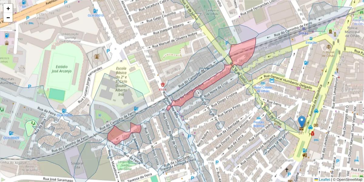 Mapa detalhado do código postal 8700-378 com limites, códigos postais vizinhos e agências dos correios