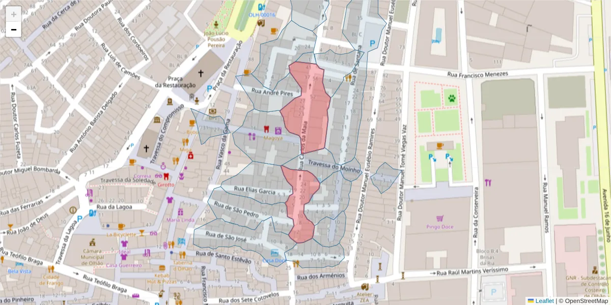 Mapa detalhado do código postal 8700-379 com limites, códigos postais vizinhos e agências dos correios
