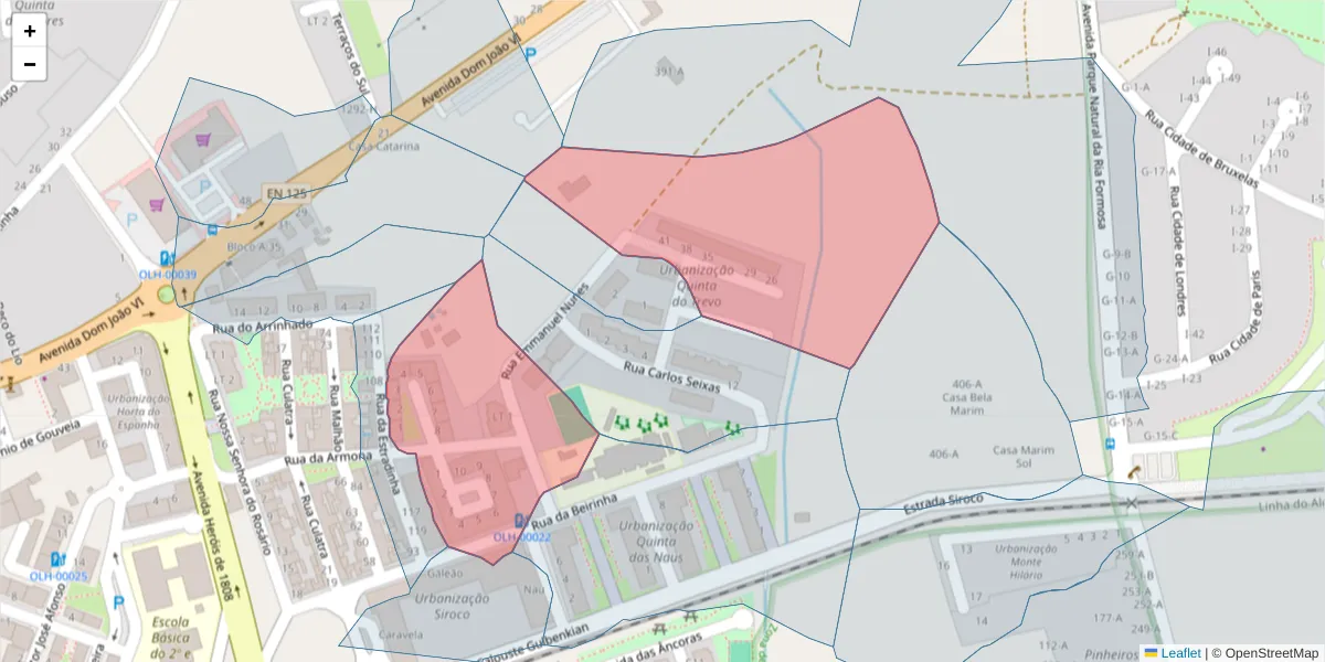Mapa detalhado do código postal 8700-381 com limites, códigos postais vizinhos e agências dos correios