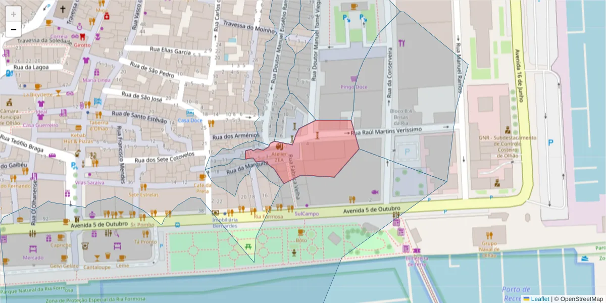 Mapa detalhado do código postal 8700-384 com limites, códigos postais vizinhos e agências dos correios