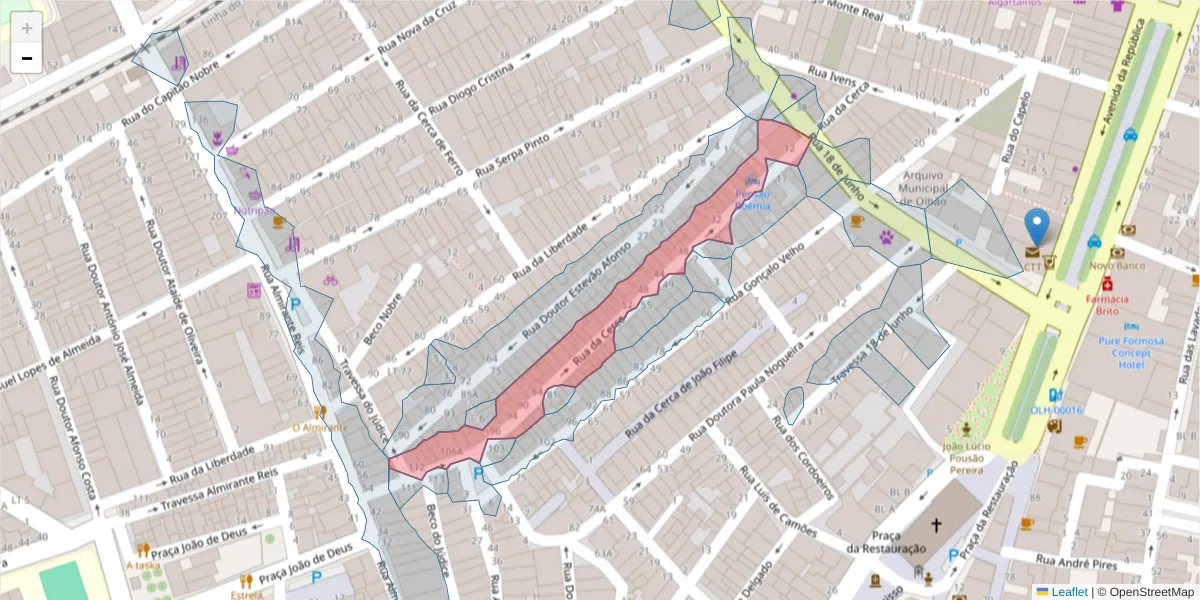 Mapa detalhado do código postal 8700-387 com limites, códigos postais vizinhos e agências dos correios