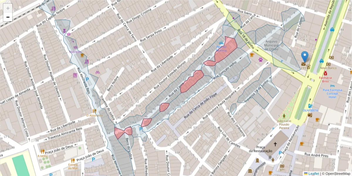 Mapa detalhado do código postal 8700-388 com limites, códigos postais vizinhos e agências dos correios