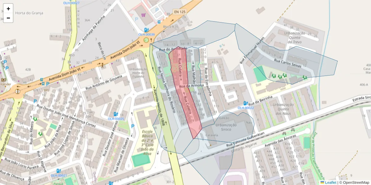 Mapa detalhado do código postal 8700-391 com limites, códigos postais vizinhos e agências dos correios