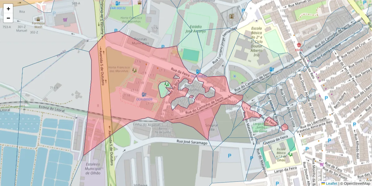 Mapa detalhado do código postal 8700-395 com limites, códigos postais vizinhos e agências dos correios