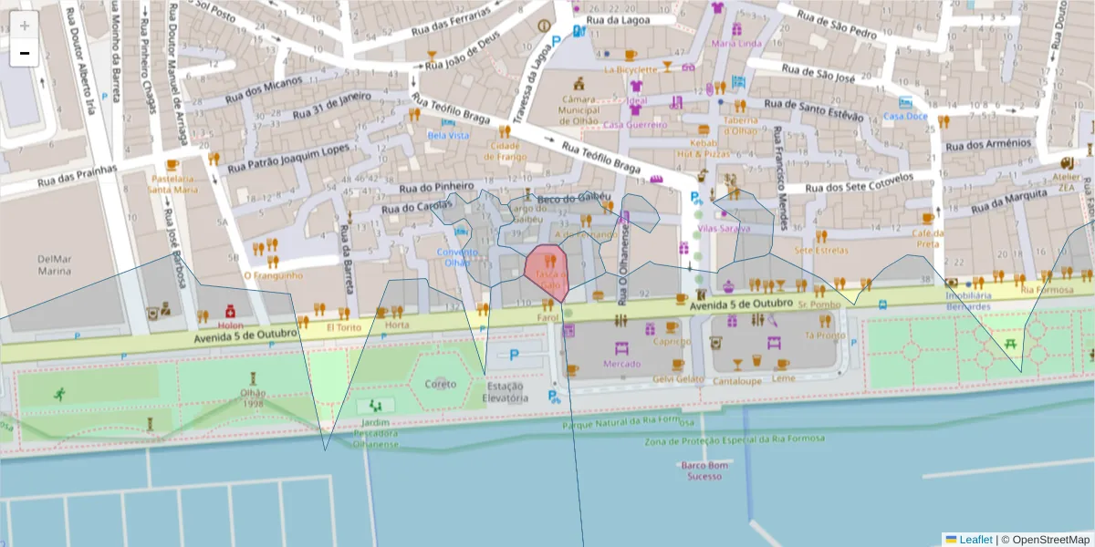 Mapa detalhado do código postal 8700-396 com limites, códigos postais vizinhos e agências dos correios