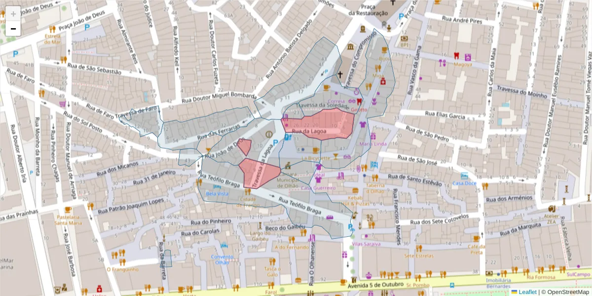 Mapa detalhado do código postal 8700-397 com limites, códigos postais vizinhos e agências dos correios