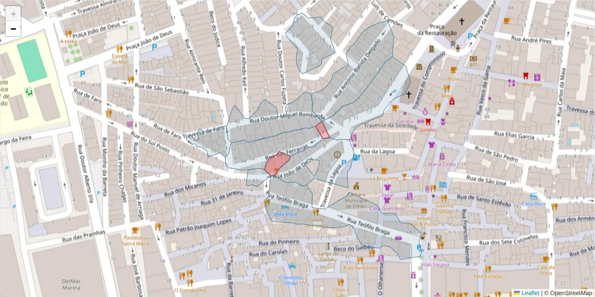 Mapa detalhado do código postal 8700-402 com limites, códigos postais vizinhos e agências dos correios