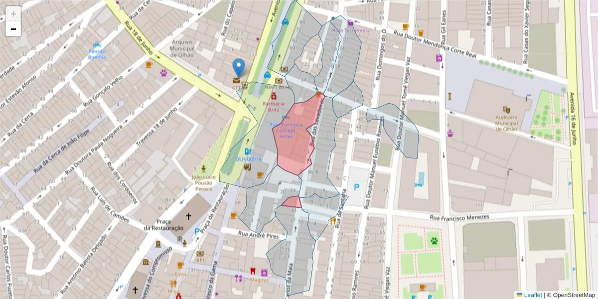 Mapa detalhado do código postal 8700-403 com limites, códigos postais vizinhos e agências dos correios