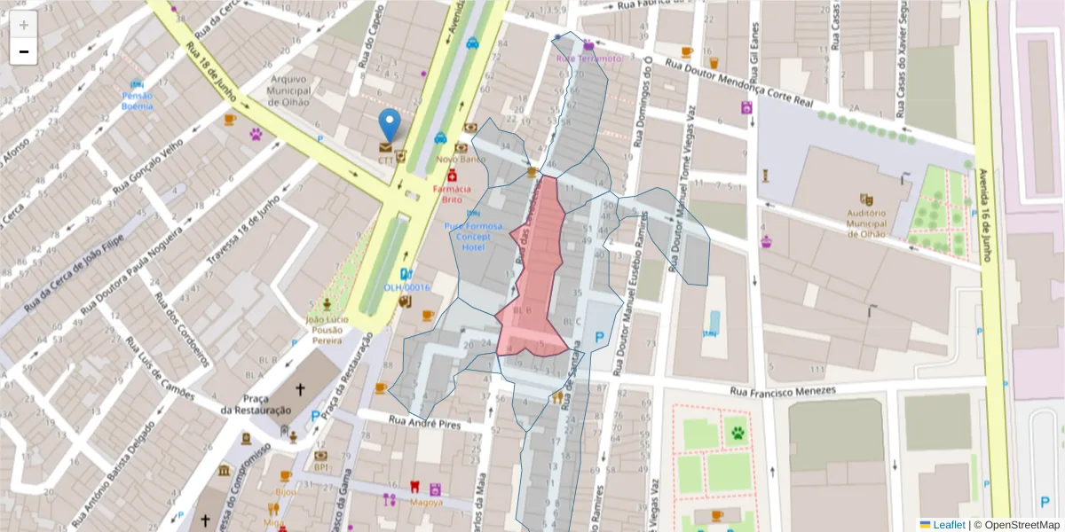 Mapa detalhado do código postal 8700-404 com limites, códigos postais vizinhos e agências dos correios