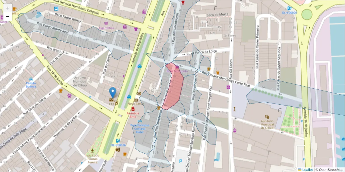 Mapa detalhado do código postal 8700-406 com limites, códigos postais vizinhos e agências dos correios