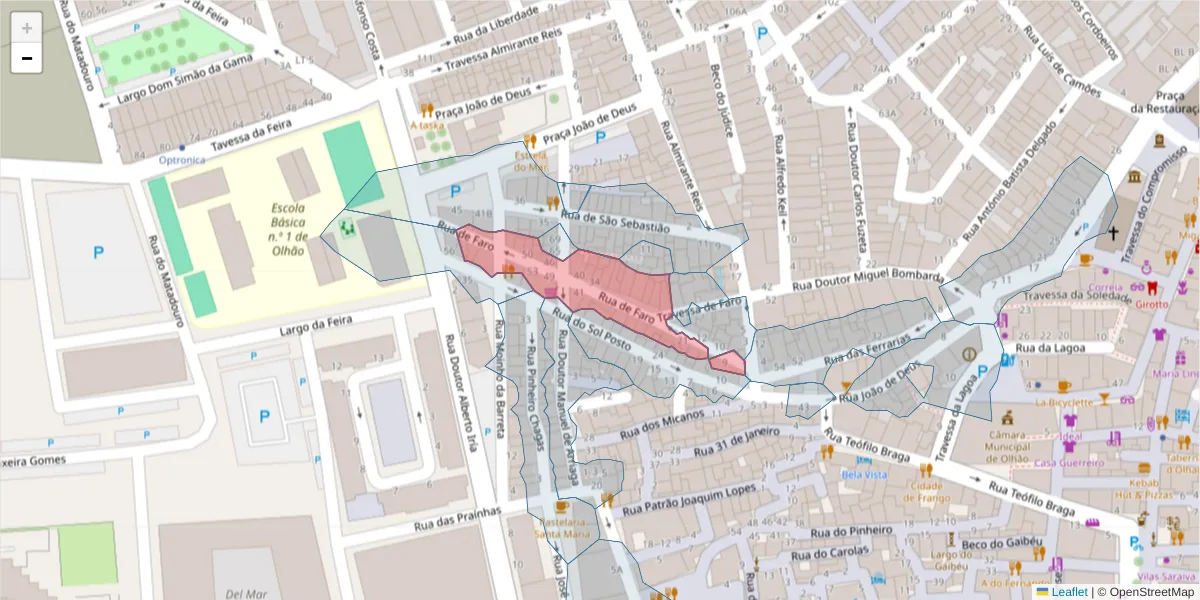 Mapa detalhado do código postal 8700-409 com limites, códigos postais vizinhos e agências dos correios