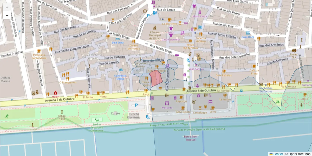 Mapa detalhado do código postal 8700-411 com limites, códigos postais vizinhos e agências dos correios
