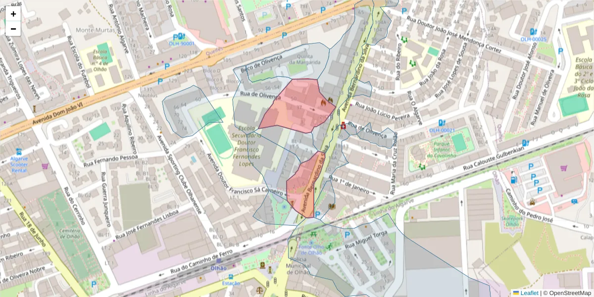 Mapa detalhado do código postal 8700-415 com limites, códigos postais vizinhos e agências dos correios