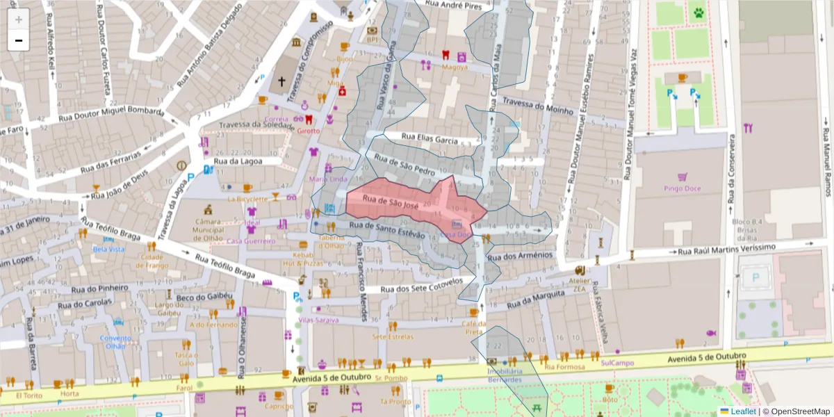 Mapa detalhado do código postal 8700-418 com limites, códigos postais vizinhos e agências dos correios