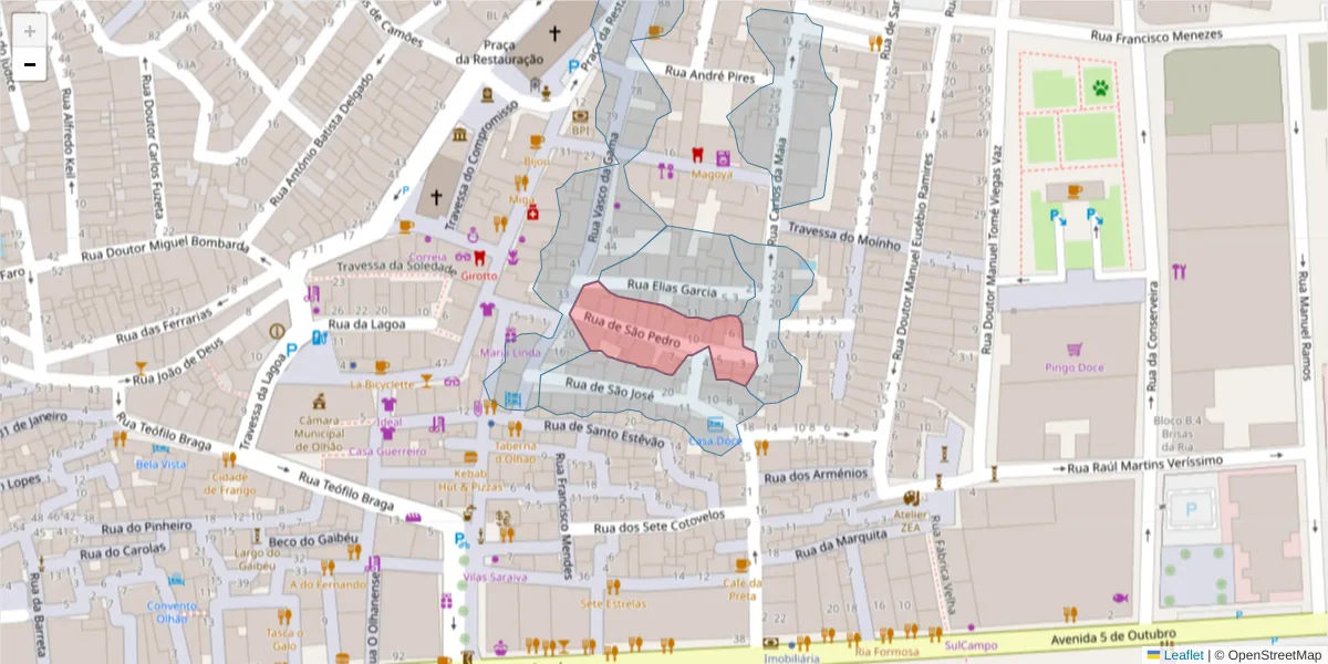Mapa detalhado do código postal 8700-419 com limites, códigos postais vizinhos e agências dos correios