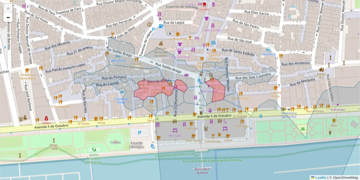 Mapa detalhado do código postal 8700-428 com limites, códigos postais vizinhos e agências dos correios