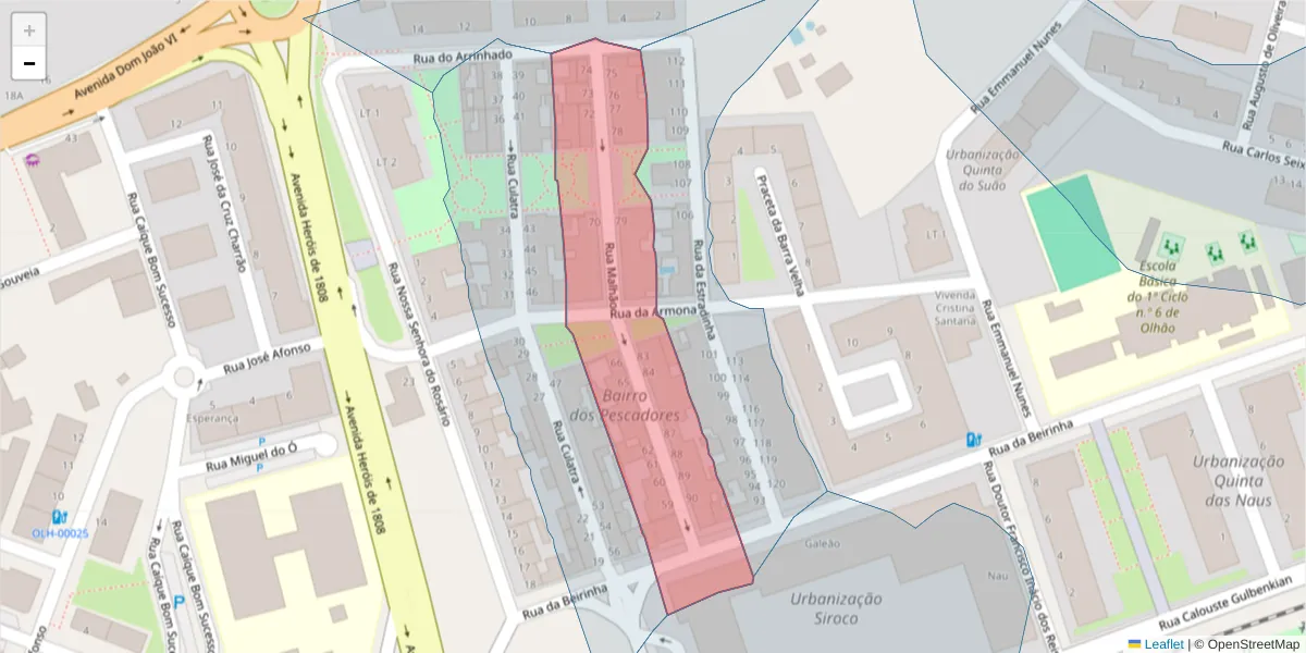 Mapa detalhado do código postal 8700-429 com limites, códigos postais vizinhos e agências dos correios