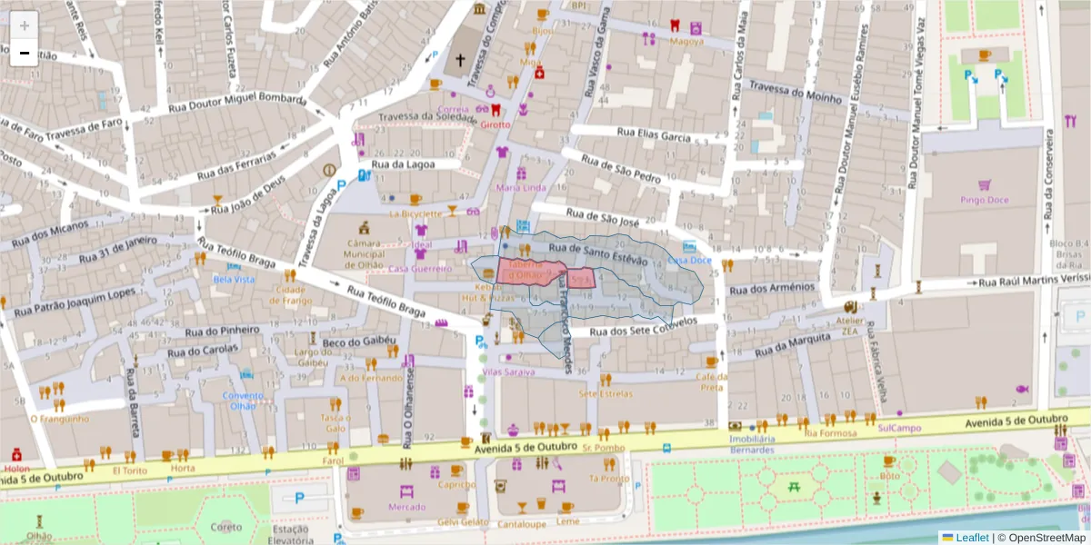 Mapa detalhado do código postal 8700-433 com limites, códigos postais vizinhos e agências dos correios