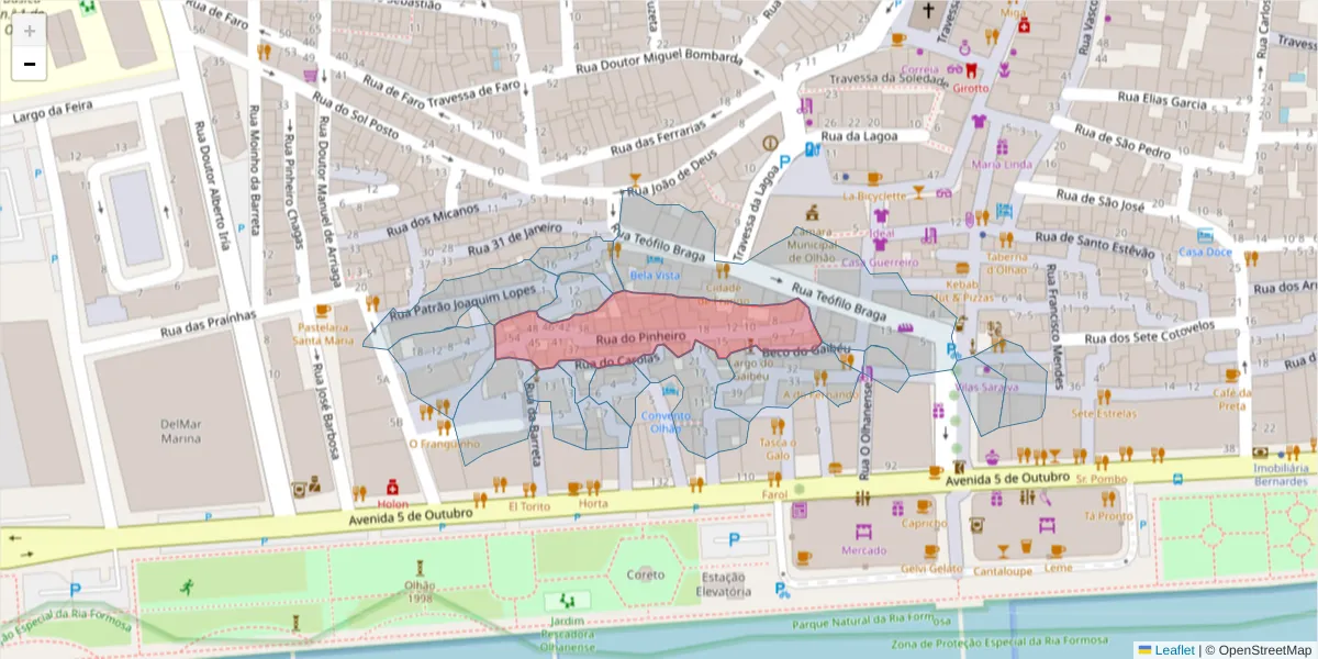 Mapa detalhado do código postal 8700-434 com limites, códigos postais vizinhos e agências dos correios