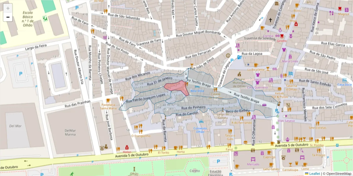 Mapa detalhado do código postal 8700-436 com limites, códigos postais vizinhos e agências dos correios