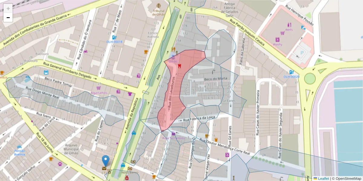 Mapa detalhado do código postal 8700-442 com limites, códigos postais vizinhos e agências dos correios