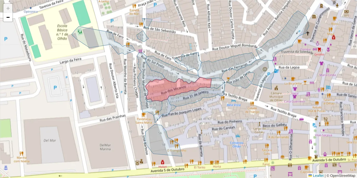 Mapa detalhado do código postal 8700-443 com limites, códigos postais vizinhos e agências dos correios