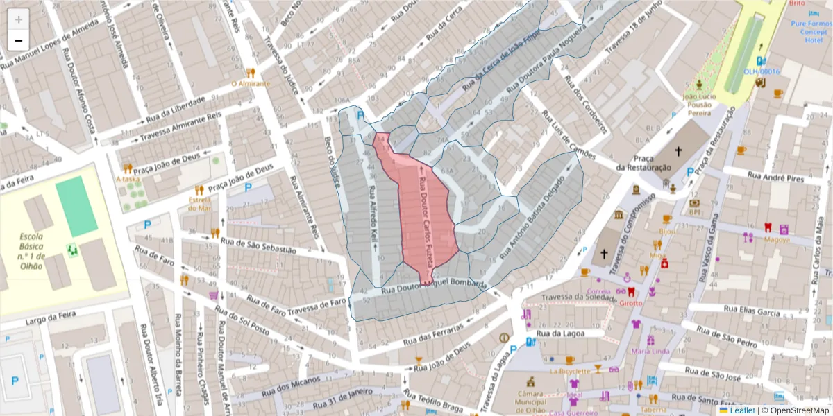 Mapa detalhado do código postal 8700-448 com limites, códigos postais vizinhos e agências dos correios