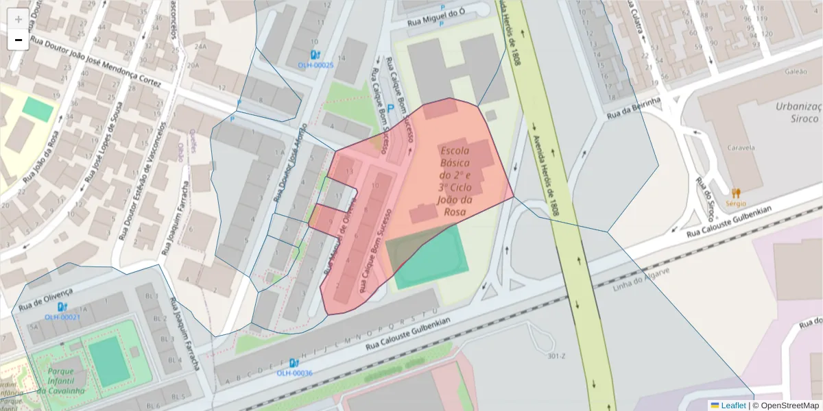 Mapa detalhado do código postal 8700-453 com limites, códigos postais vizinhos e agências dos correios