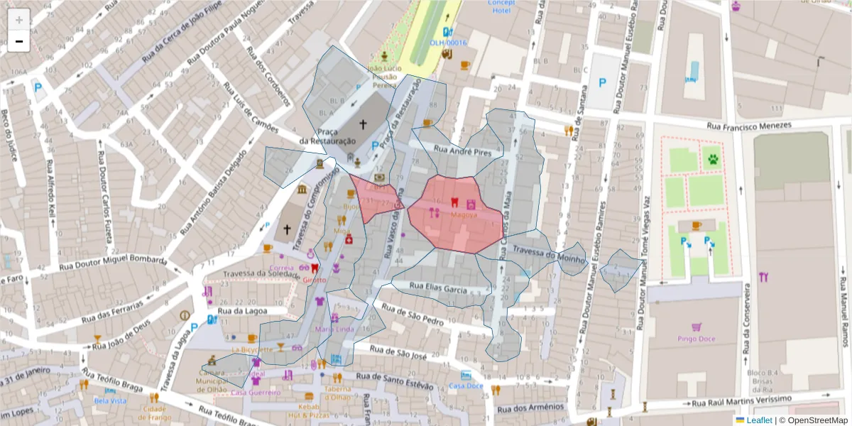 Mapa detalhado do código postal 8700-456 com limites, códigos postais vizinhos e agências dos correios