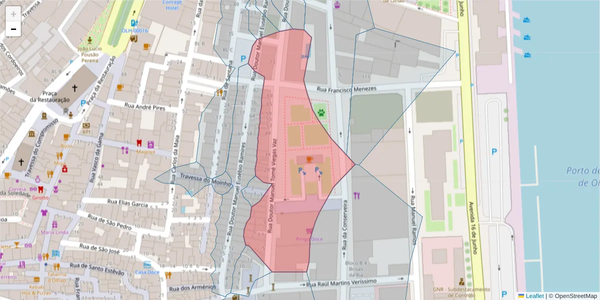 Mapa detalhado do código postal 8700-459 com limites, códigos postais vizinhos e agências dos correios