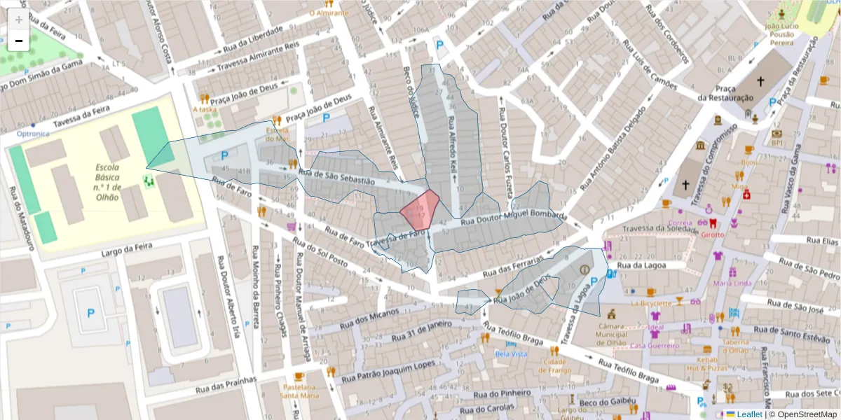 Mapa detalhado do código postal 8700-465 com limites, códigos postais vizinhos e agências dos correios