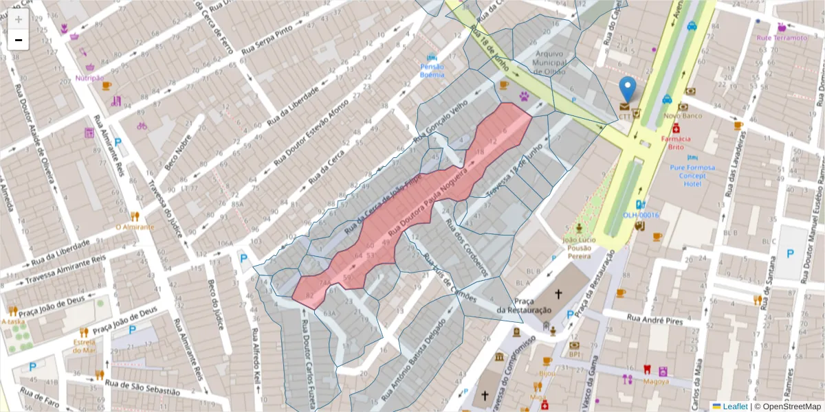 Mapa detalhado do código postal 8700-466 com limites, códigos postais vizinhos e agências dos correios