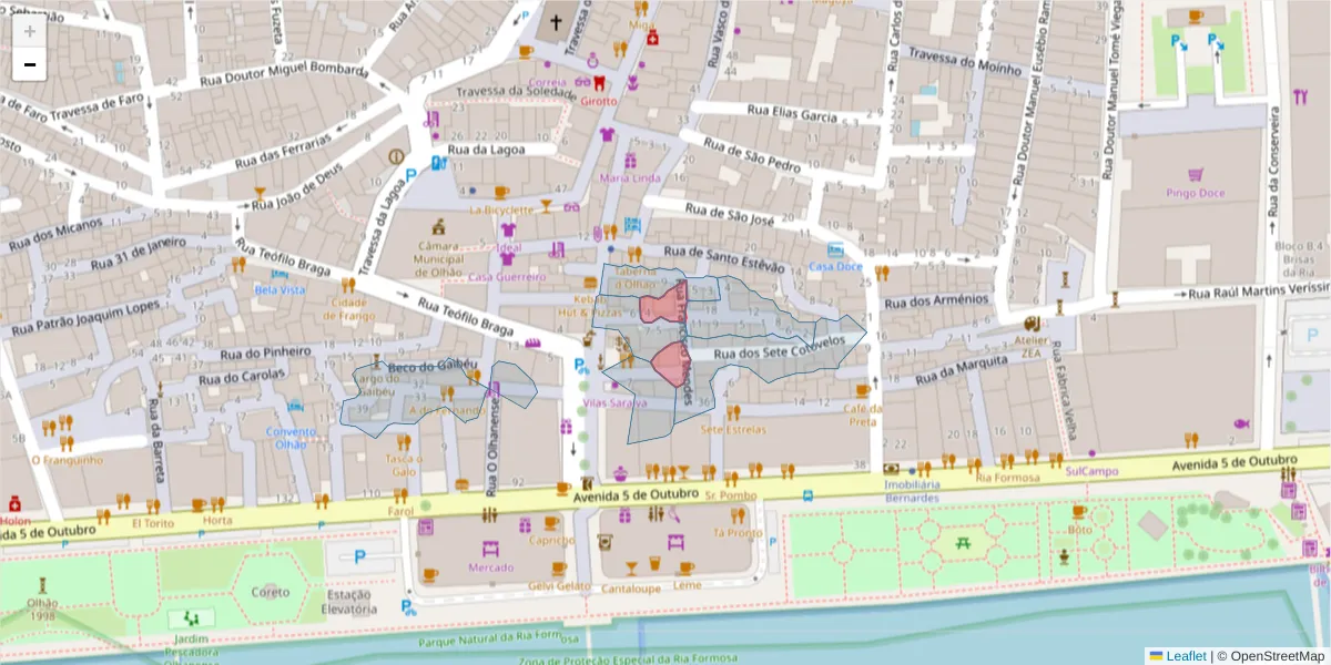 Mapa detalhado do código postal 8700-471 com limites, códigos postais vizinhos e agências dos correios