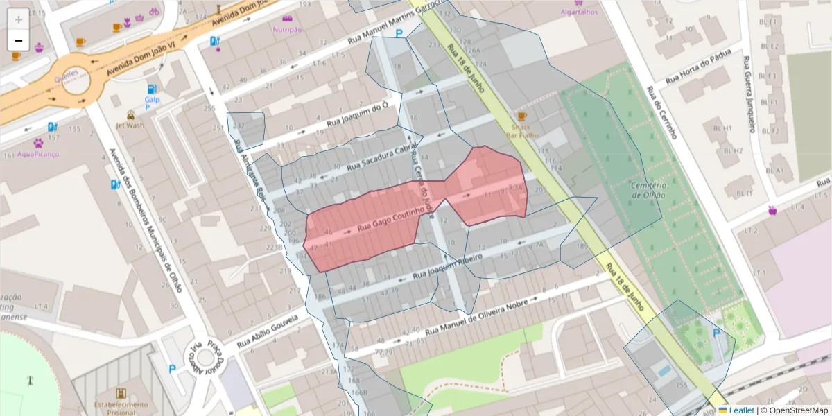 Mapa detalhado do código postal 8700-472 com limites, códigos postais vizinhos e agências dos correios