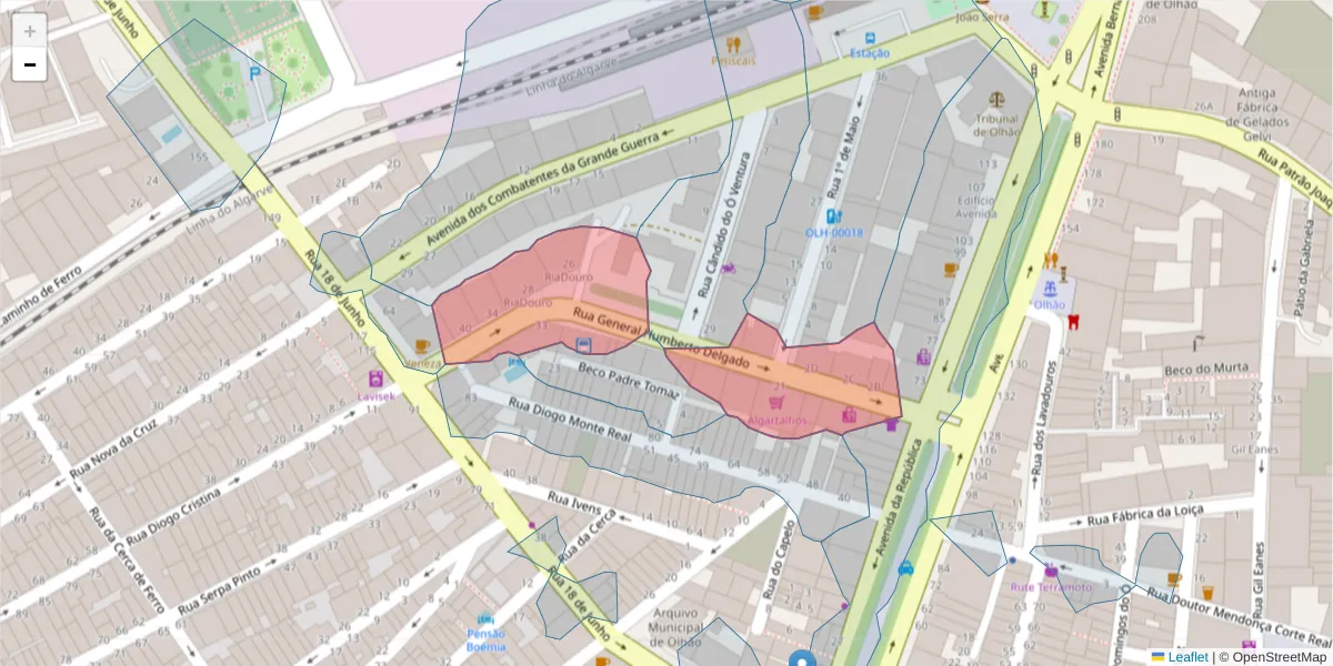 Mapa detalhado do código postal 8700-473 com limites, códigos postais vizinhos e agências dos correios