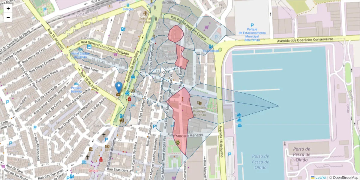 Mapa detalhado do código postal 8700-474 com limites, códigos postais vizinhos e agências dos correios