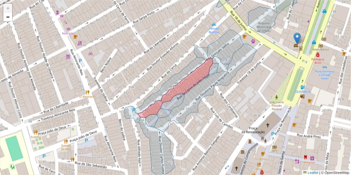 Mapa detalhado do código postal 8700-477 com limites, códigos postais vizinhos e agências dos correios