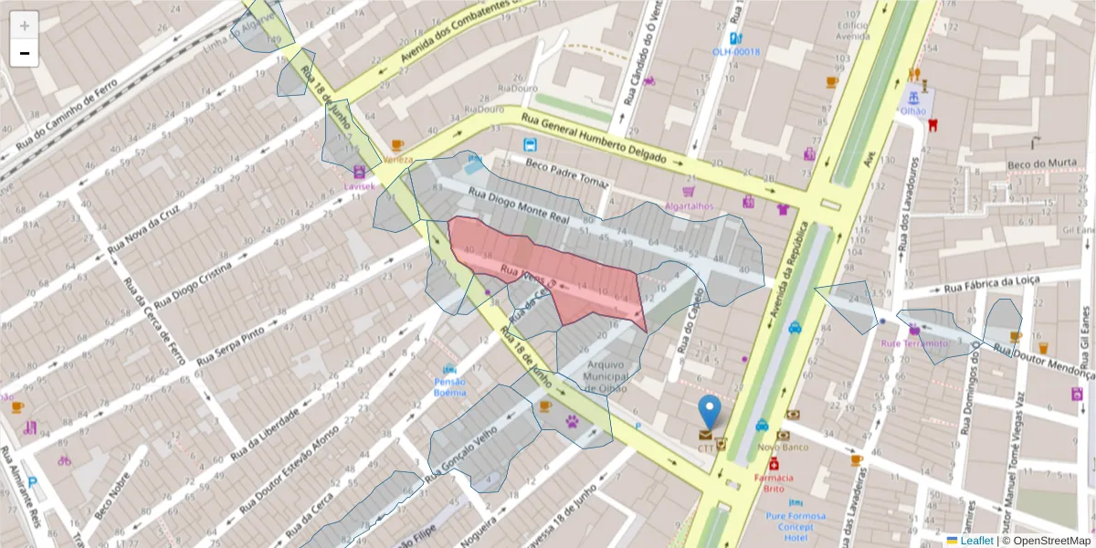 Mapa detalhado do código postal 8700-479 com limites, códigos postais vizinhos e agências dos correios