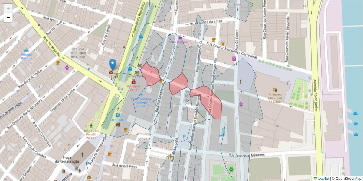 Mapa detalhado do código postal 8700-487 com limites, códigos postais vizinhos e agências dos correios