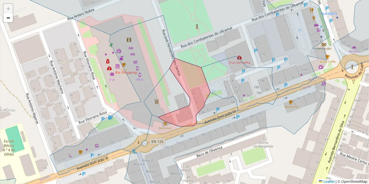 Mapa detalhado do código postal 8700-488 com limites, códigos postais vizinhos e agências dos correios