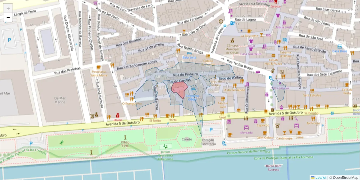 Mapa detalhado do código postal 8700-494 com limites, códigos postais vizinhos e agências dos correios