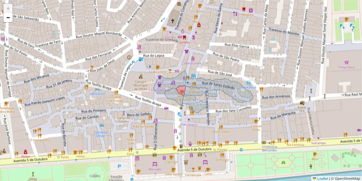 Mapa detalhado do código postal 8700-500 com limites, códigos postais vizinhos e agências dos correios