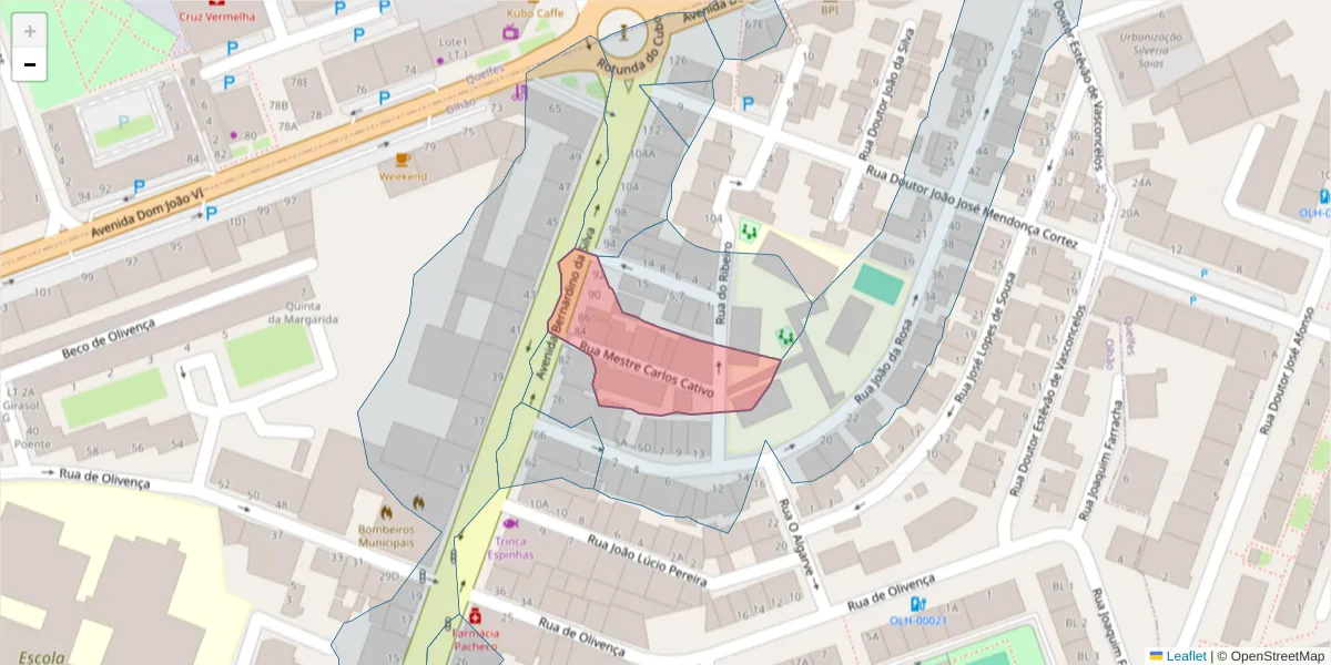 Mapa detalhado do código postal 8700-501 com limites, códigos postais vizinhos e agências dos correios