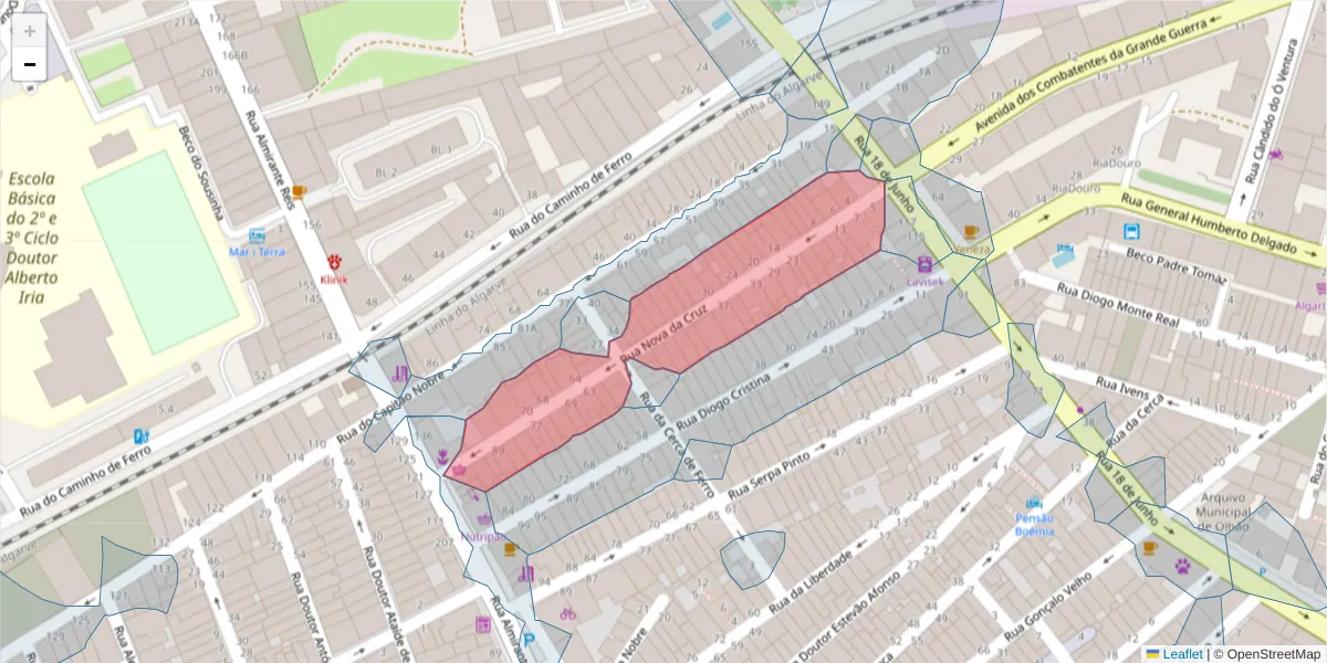 Mapa detalhado do código postal 8700-504 com limites, códigos postais vizinhos e agências dos correios
