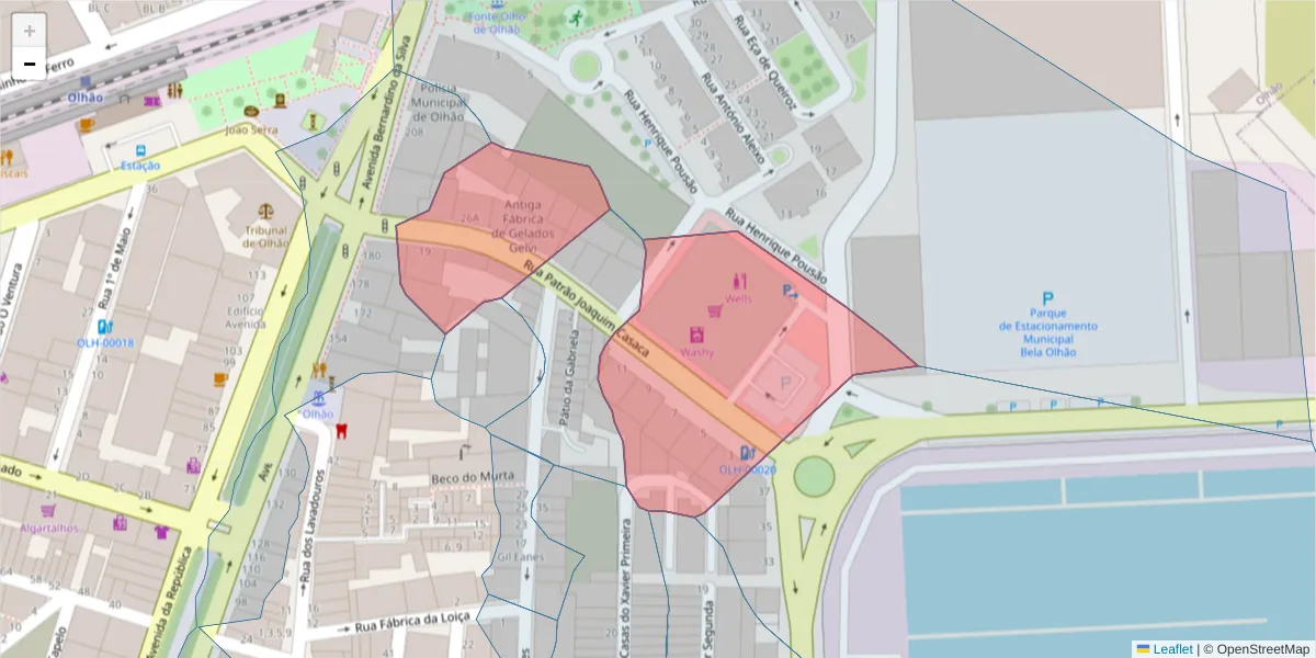 Mapa detalhado do código postal 8700-507 com limites, códigos postais vizinhos e agências dos correios