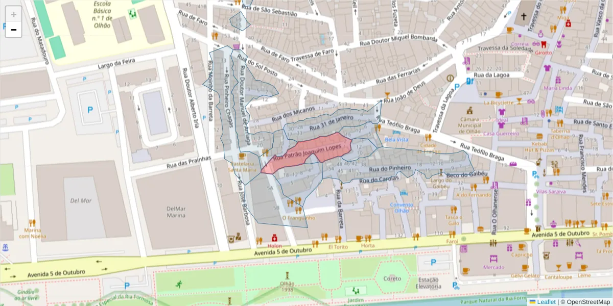 Mapa detalhado do código postal 8700-508 com limites, códigos postais vizinhos e agências dos correios