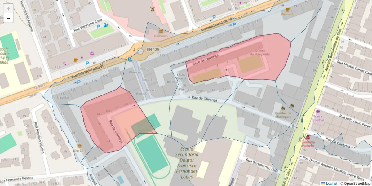 Mapa detalhado do código postal 8700-509 com limites, códigos postais vizinhos e agências dos correios