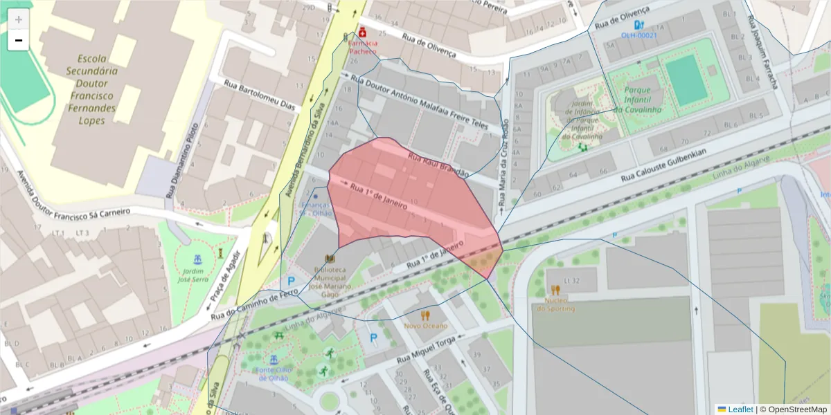 Mapa detalhado do código postal 8700-512 com limites, códigos postais vizinhos e agências dos correios